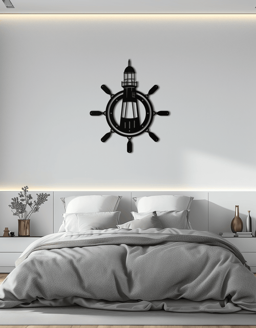 Load image into Gallery viewer, Lighthouse and Ship Wheel Metal Wall Art - Nautical Steel Wall Decor - KAF028
