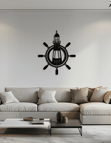 Deniz Feneri ve Gemi Tekerleği Metal Duvar Sanatı - Denizci Çelik Duvar Dekoru - KAF028