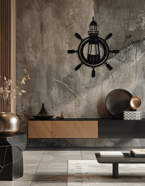 Load image into Gallery viewer, Lighthouse and Ship Wheel Metal Wall Art - Nautical Steel Wall Decor - KAF028
