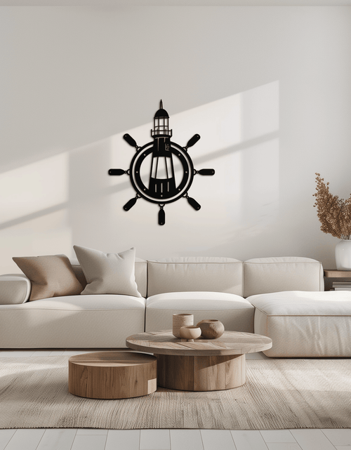 Load image into Gallery viewer, Lighthouse and Ship Wheel Metal Wall Art - Nautical Steel Wall Decor - KAF028
