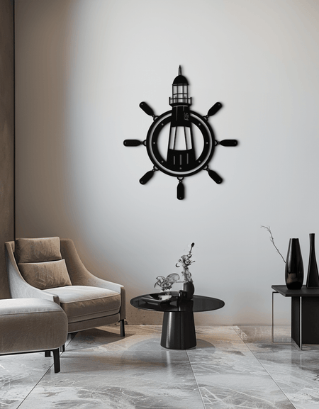 Deniz Feneri ve Gemi Tekerleği Metal Duvar Sanatı - Denizci Çelik Duvar Dekoru - KAF028