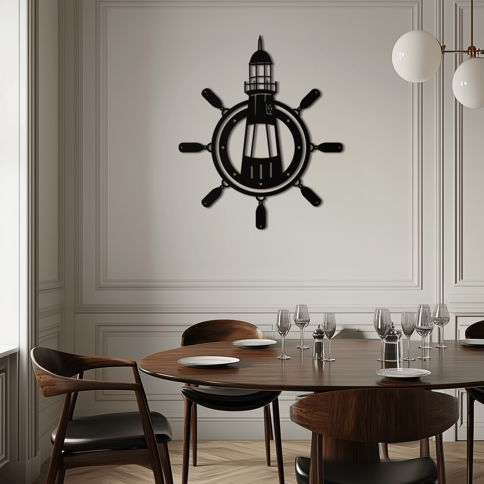 Lighthouse and Ship Wheel Metal Wall Art - Nautical Steel Wall Decor - KAF028