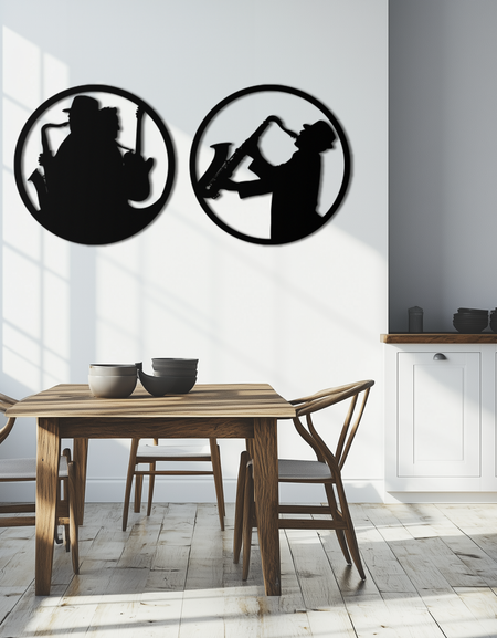 Caz Müzisyeni Metal Duvar Sanatı - 2'li Çelik Duvar Dekor Parçası Seti - KAF038