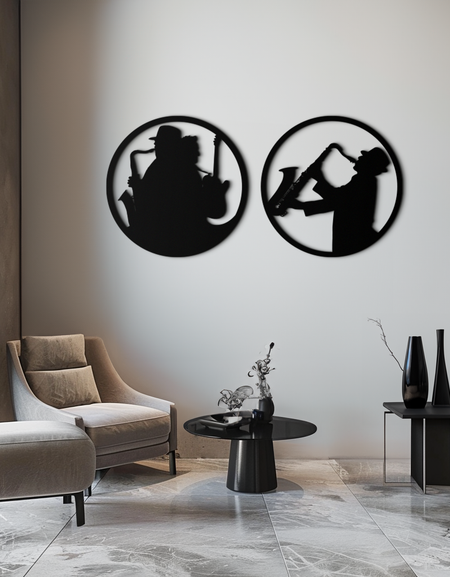 Caz Müzisyeni Metal Duvar Sanatı - 2'li Çelik Duvar Dekor Parçası Seti - KAF038