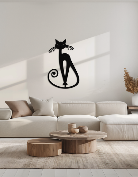 Elegant Cat Metal Wall Art - Geometric Black Metal Wall Sculpture - KAF052