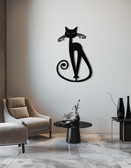 Elegant Cat Metal Wall Art - Geometric Black Metal Wall Sculpture - KAF052