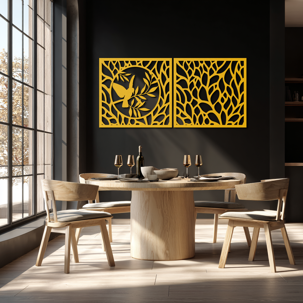Hummingbird & Leaves Metal Wall Art - Elegant Dual Panel Steel Decor - KAF054