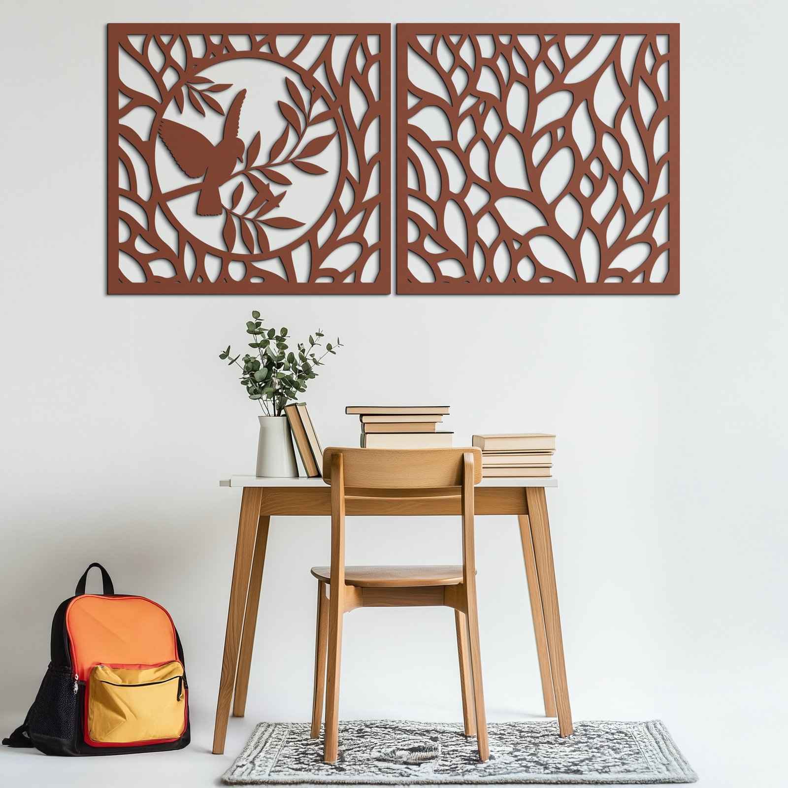Hummingbird & Leaves Metal Wall Art - Elegant Dual Panel Steel Decor - KAF054