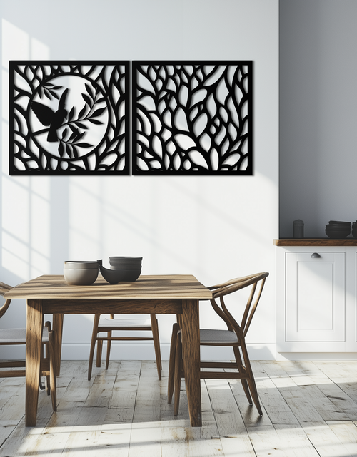 Load image into Gallery viewer, Hummingbird &amp; Leaves Metal Wall Art - Elegant Dual Panel Steel Decor - KAF054
