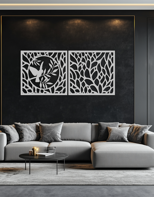 Load image into Gallery viewer, Hummingbird &amp; Leaves Metal Wall Art - Elegant Dual Panel Steel Decor - KAF054
