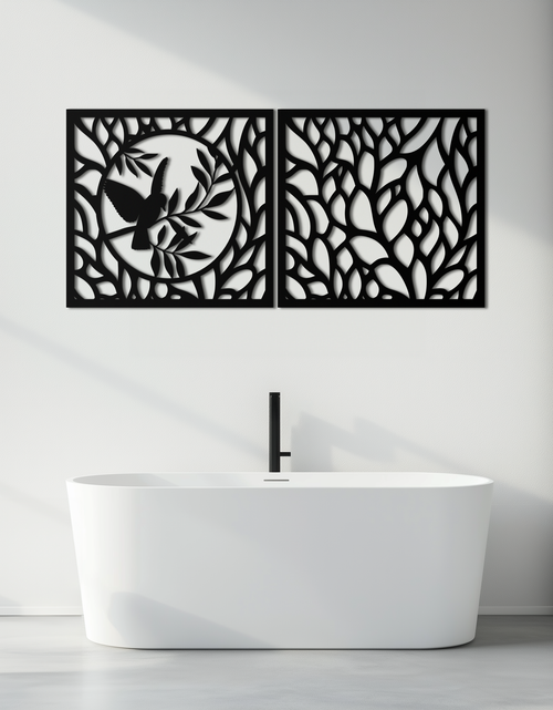 Load image into Gallery viewer, Hummingbird &amp; Leaves Metal Wall Art - Elegant Dual Panel Steel Decor - KAF054
