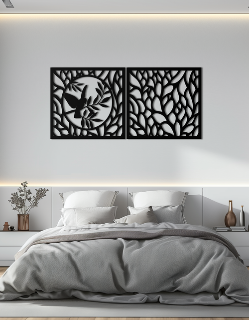 Load image into Gallery viewer, Hummingbird &amp; Leaves Metal Wall Art - Elegant Dual Panel Steel Decor - KAF054
