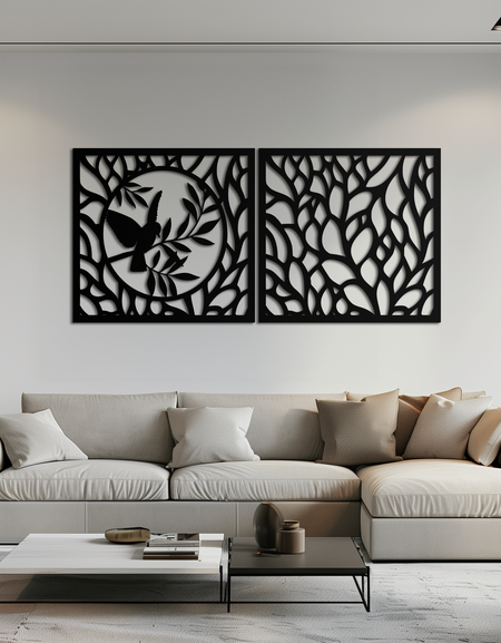 Hummingbird & Leaves Metal Wall Art - Elegant Dual Panel Steel Decor - KAF054