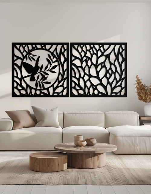 Load image into Gallery viewer, Hummingbird &amp; Leaves Metal Wall Art - Elegant Dual Panel Steel Decor - KAF054
