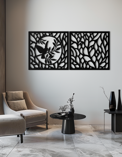 Load image into Gallery viewer, Hummingbird &amp; Leaves Metal Wall Art - Elegant Dual Panel Steel Decor - KAF054
