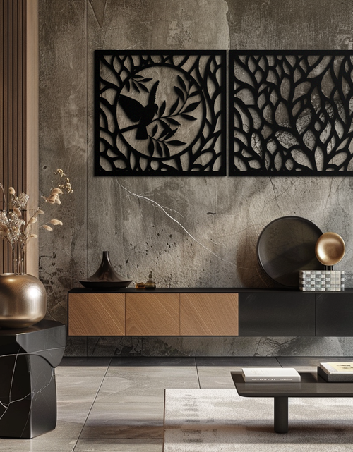 Load image into Gallery viewer, Hummingbird &amp; Leaves Metal Wall Art - Elegant Dual Panel Steel Decor - KAF054
