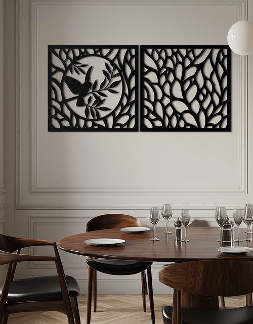 Load image into Gallery viewer, Hummingbird &amp; Leaves Metal Wall Art - Elegant Dual Panel Steel Decor - KAF054
