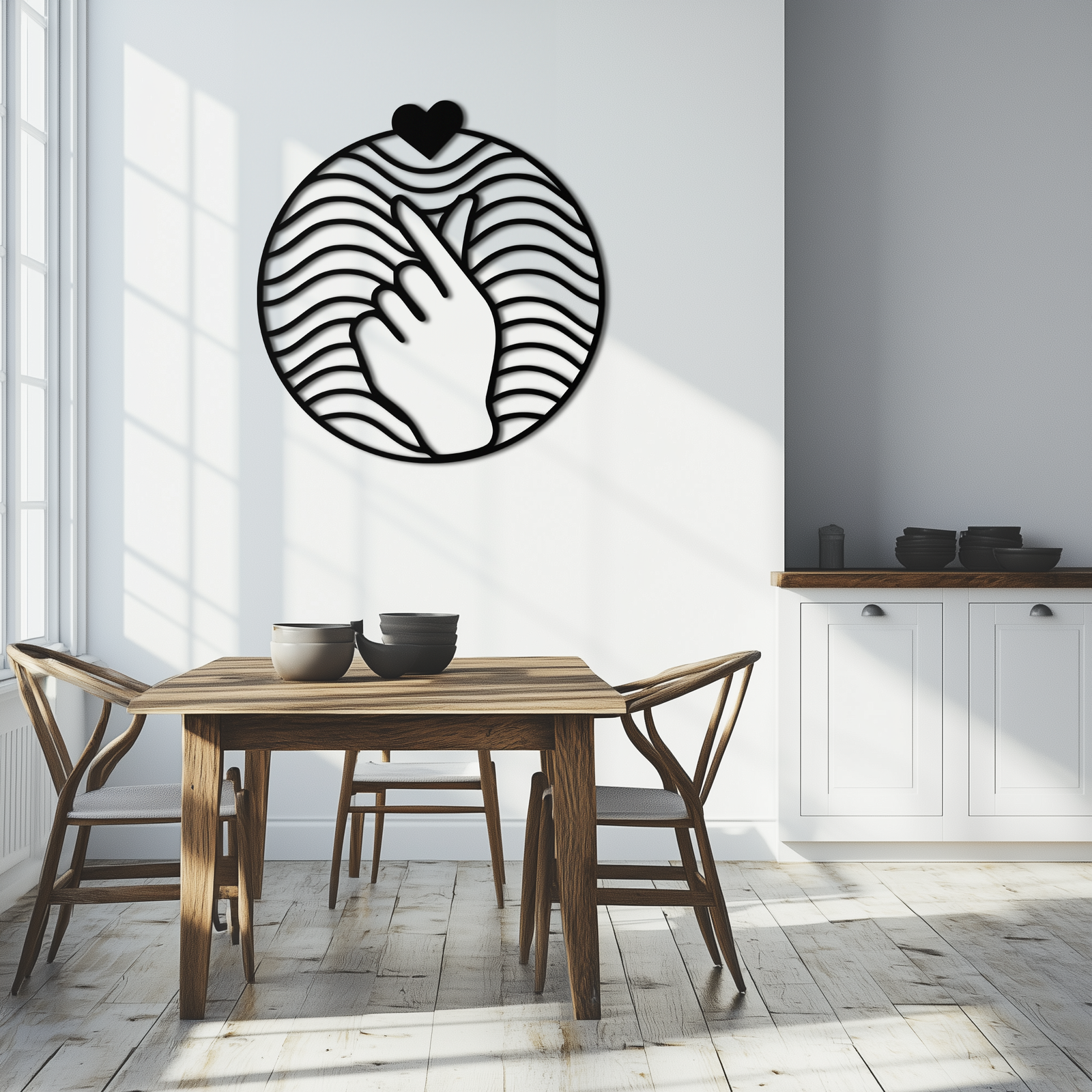 Kalp Parmak Aşk İşareti Metal Duvar Sanatı - Yuvarlak Minimalist Çelik Dekor - KAF056