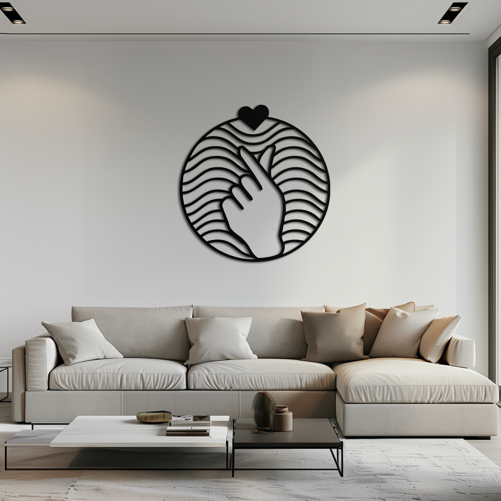 Kalp Parmak Aşk İşareti Metal Duvar Sanatı - Yuvarlak Minimalist Çelik Dekor - KAF056