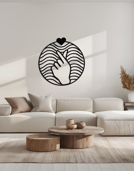 Kalp Parmak Aşk İşareti Metal Duvar Sanatı - Yuvarlak Minimalist Çelik Dekor - KAF056