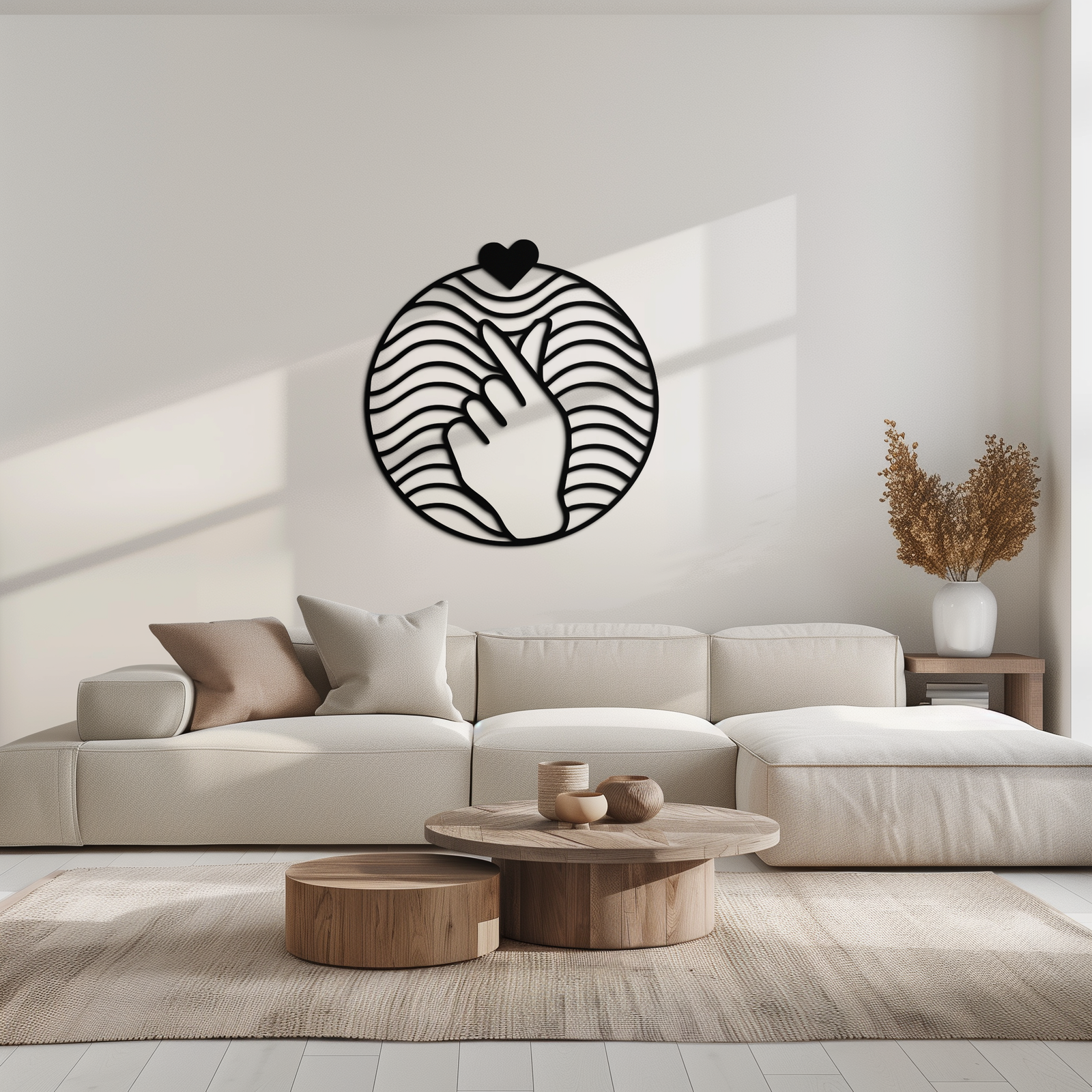 Kalp Parmak Aşk İşareti Metal Duvar Sanatı - Yuvarlak Minimalist Çelik Dekor - KAF056