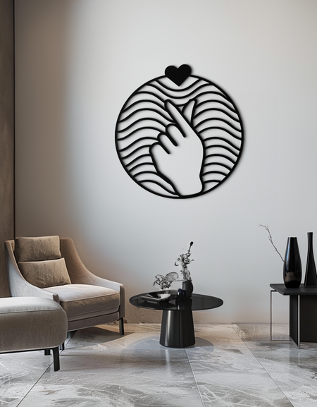Kalp Parmak Aşk İşareti Metal Duvar Sanatı - Yuvarlak Minimalist Çelik Dekor - KAF056