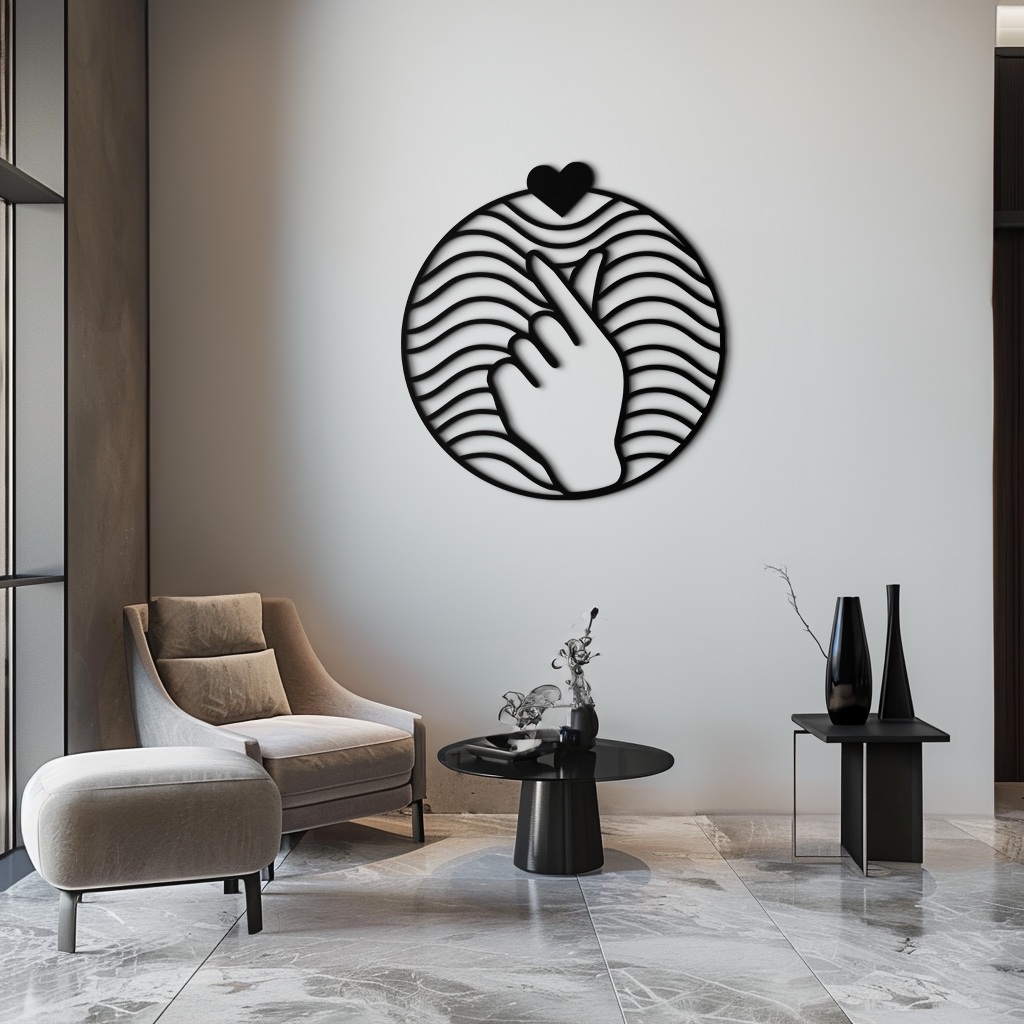 Kalp Parmak Aşk İşareti Metal Duvar Sanatı - Yuvarlak Minimalist Çelik Dekor - KAF056