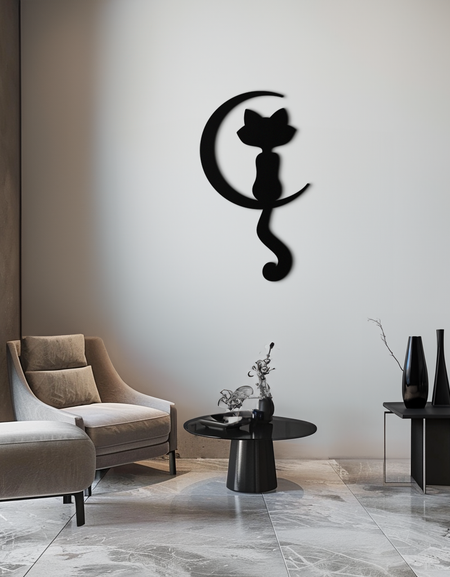 Moonlight Cat Metal Duvar Sanatı - Zarif Kedi Silueti Dekoru - KAF058