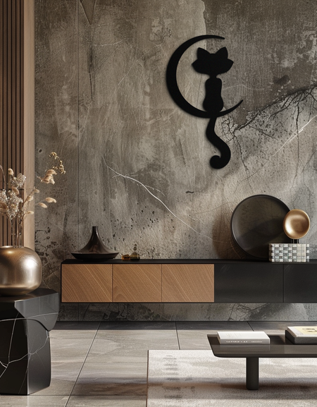 Moonlight Cat Metal Duvar Sanatı - Zarif Kedi Silueti Dekoru - KAF058