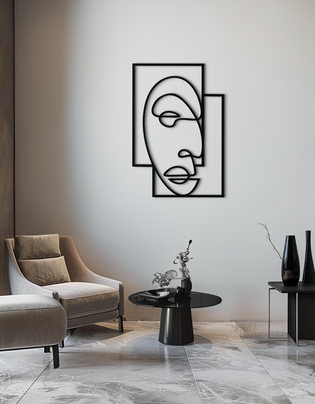 Soyut Minimalist Yüz Metal Duvar Sanatı – Modern Geometrik Çizgi Sanatı - KAF064