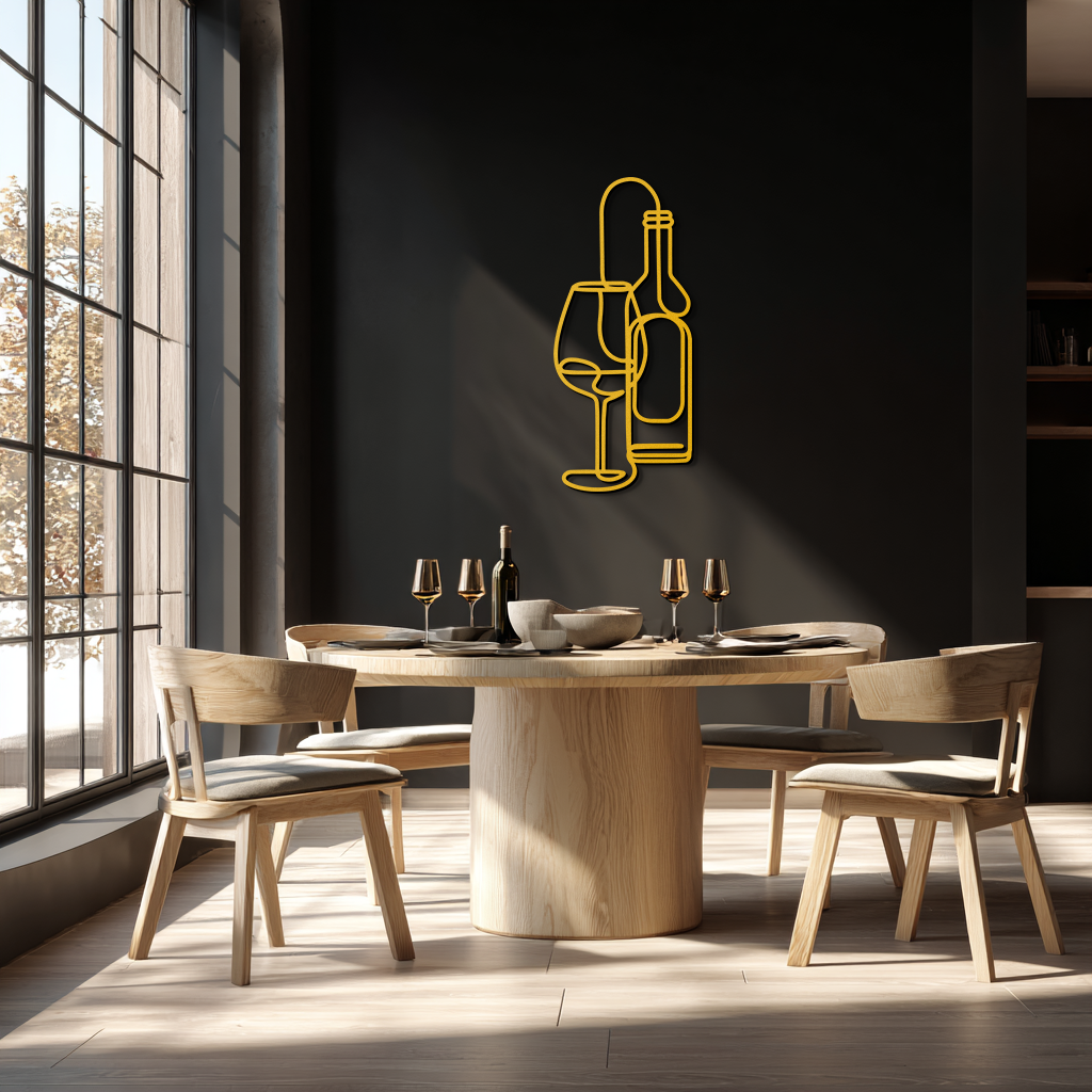 Wine Bottle & Glass Metal Wall Art - Modern Minimalist Bar Decor - KAF081