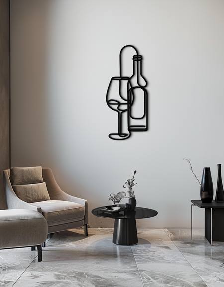 Şarap Şişesi ve Cam Metal Duvar Sanatı - Modern Minimalist Bar Dekoru - KAF081