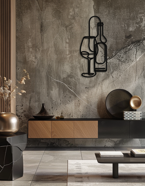 Load image into Gallery viewer, Wine Bottle &amp; Glass Metal Wall Art - Modern Minimalist Bar Decor - KAF081
