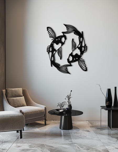 Koi Balığı Yin Yang Metal Duvar Sanatı - Zen Esintili Çelik Duvar Dekoru - KAF083