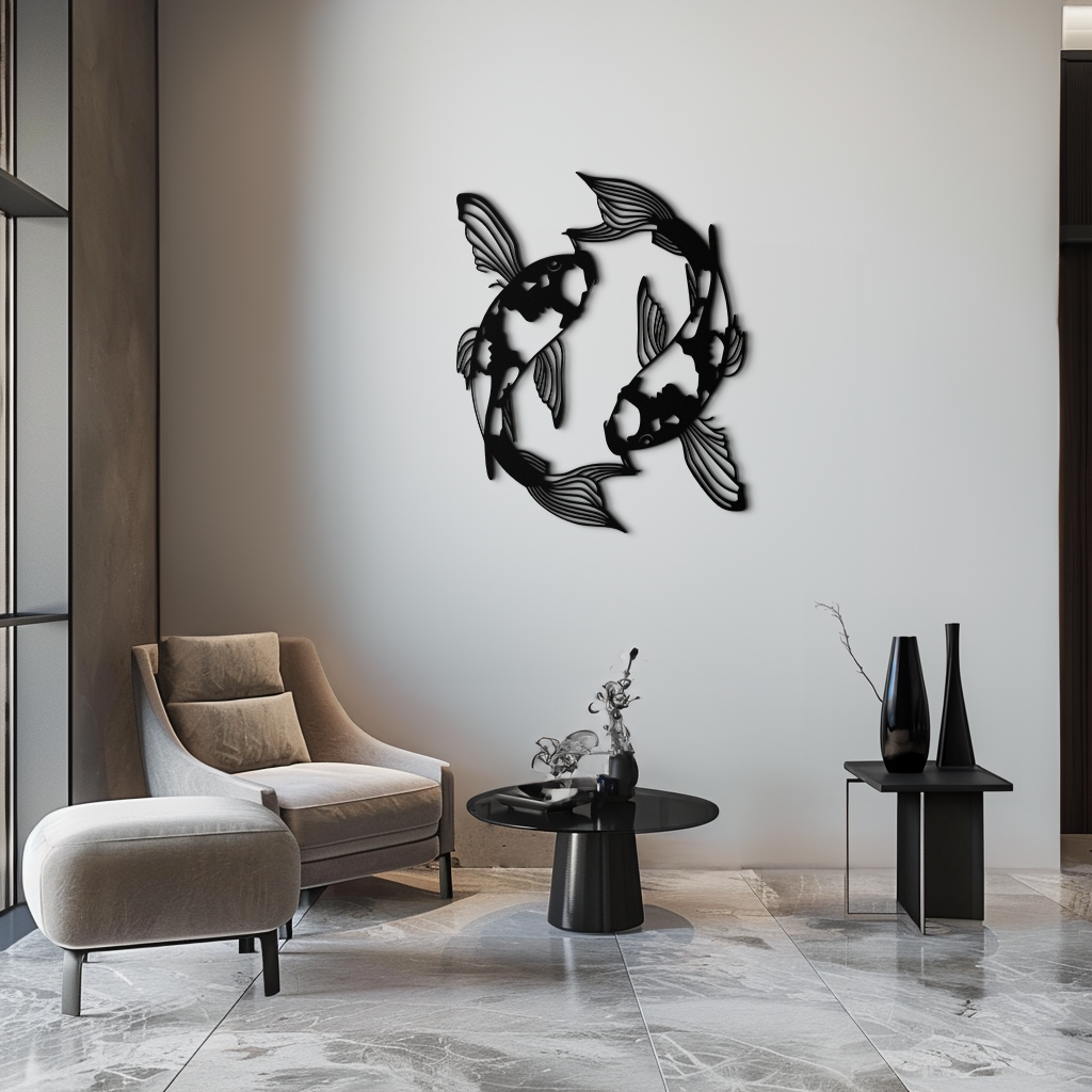 Koi Balığı Yin Yang Metal Duvar Sanatı - Zen Esintili Çelik Duvar Dekoru - KAF083