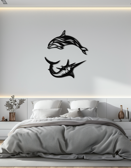 Dolphin & Marlin Metal Wall Art - Ocean-Inspired Modern Steel Decor - KAF084