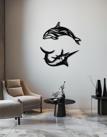 Dolphin & Marlin Metal Wall Art - Ocean-Inspired Modern Steel Decor - KAF084