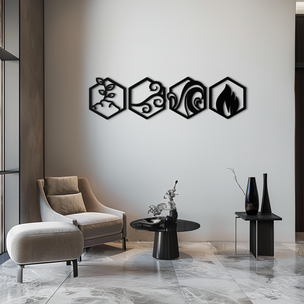 Dört Element Metal Duvar Sanatı - Modern Element Sembolü Dekoru - KAF090