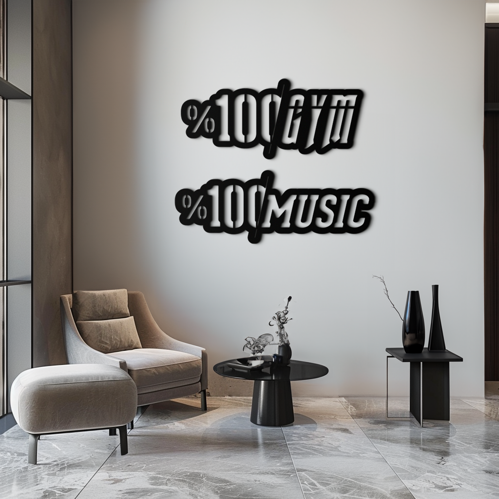 %100 Spor Salonu ve Müzik Metal Duvar Sanatı - Fitness ve Müzik Tutkunları Dekoru - KAF091