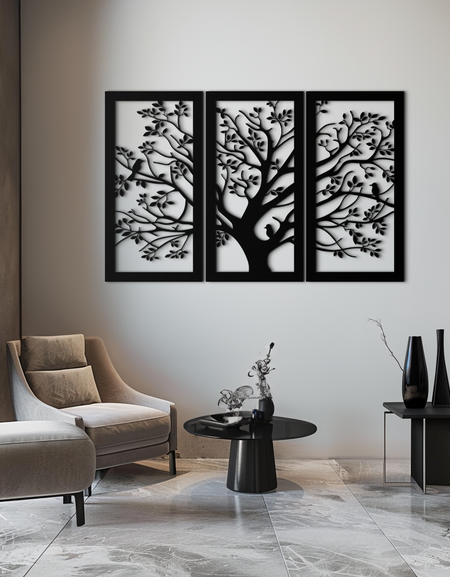 Hayat Ağacı Metal Duvar Sanatı - 3 Parçalı Doğa Esintili Çelik Dekor - KAF093