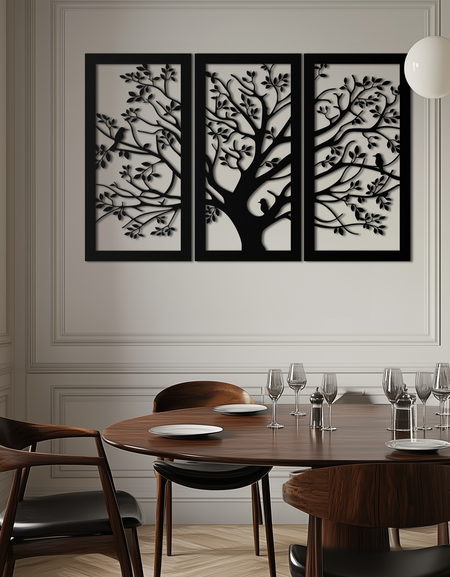 Hayat Ağacı Metal Duvar Sanatı - 3 Parçalı Doğa Esintili Çelik Dekor - KAF093