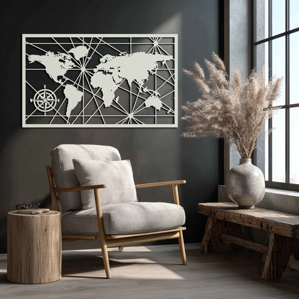 Geometric World Map Metal Wall Art - Modern Minimalist Steel Wall Decor - KAF098