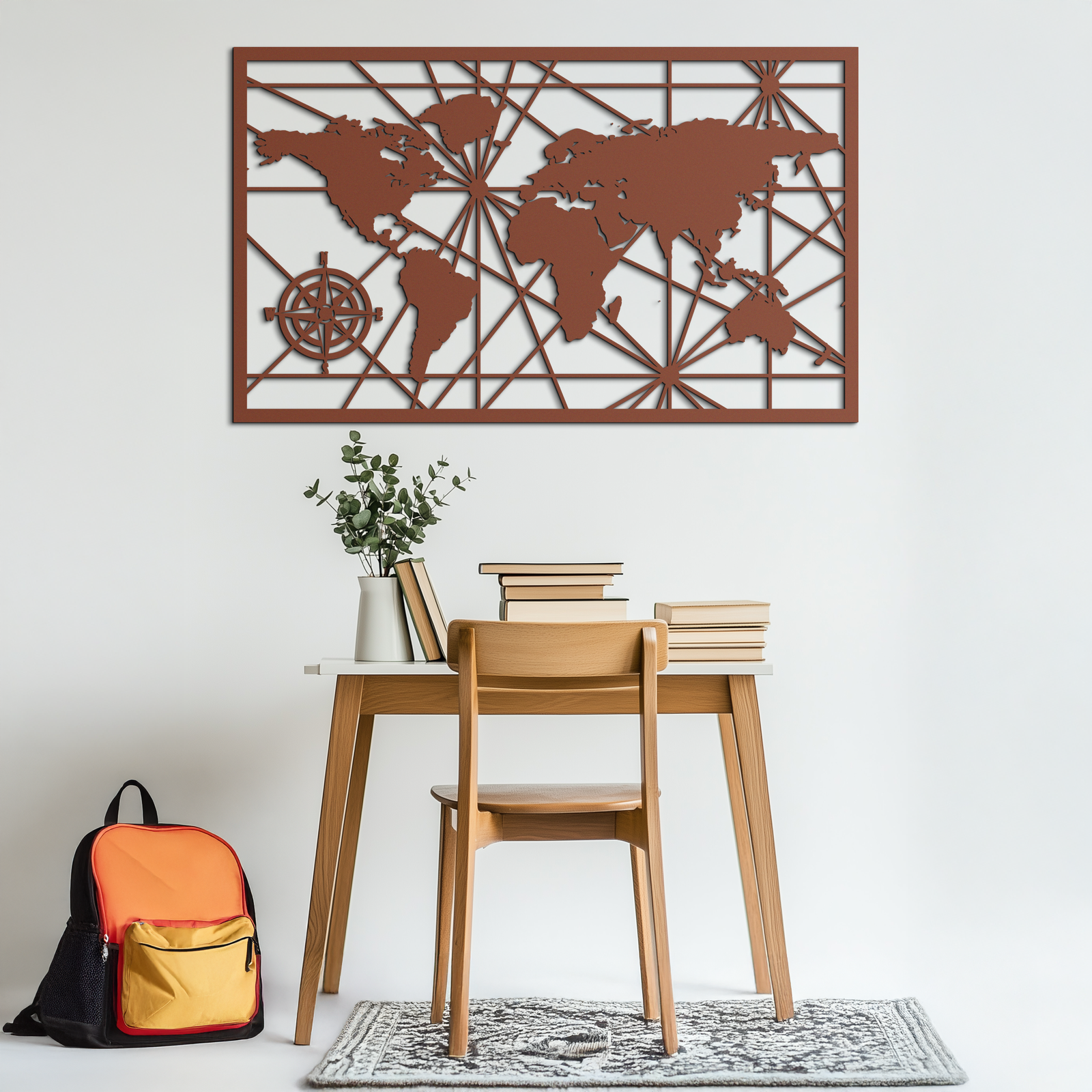 Geometric World Map Metal Wall Art - Modern Minimalist Steel Wall Decor - KAF098
