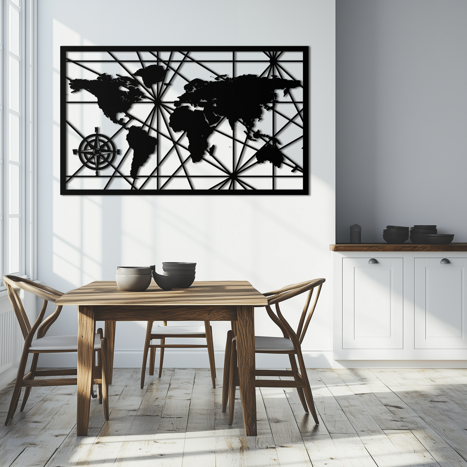 Geometrik Dünya Haritası Metal Duvar Sanatı - Modern Minimalist Çelik Duvar Dekoru - KAF098