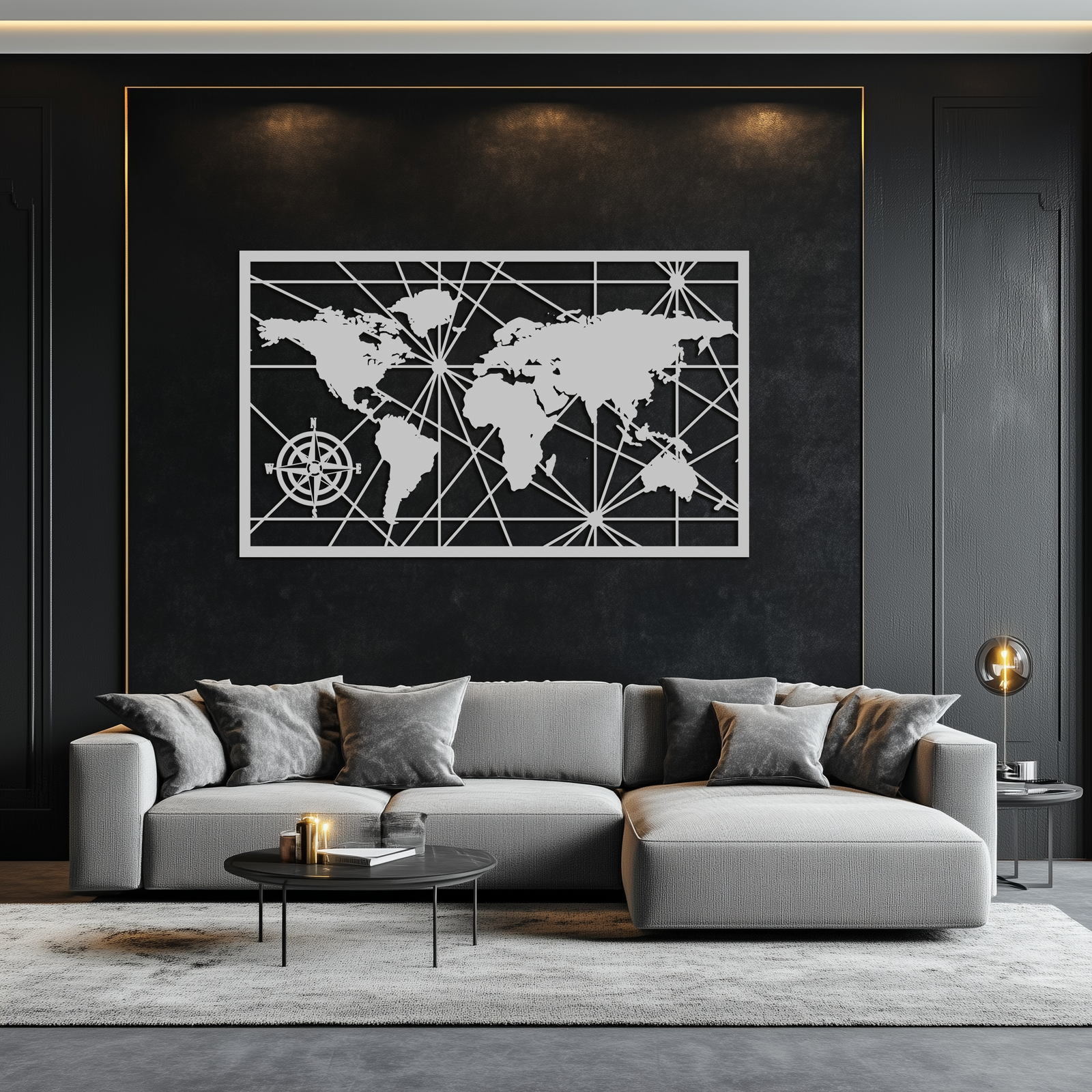 Geometrik Dünya Haritası Metal Duvar Sanatı - Modern Minimalist Çelik Duvar Dekoru - KAF098