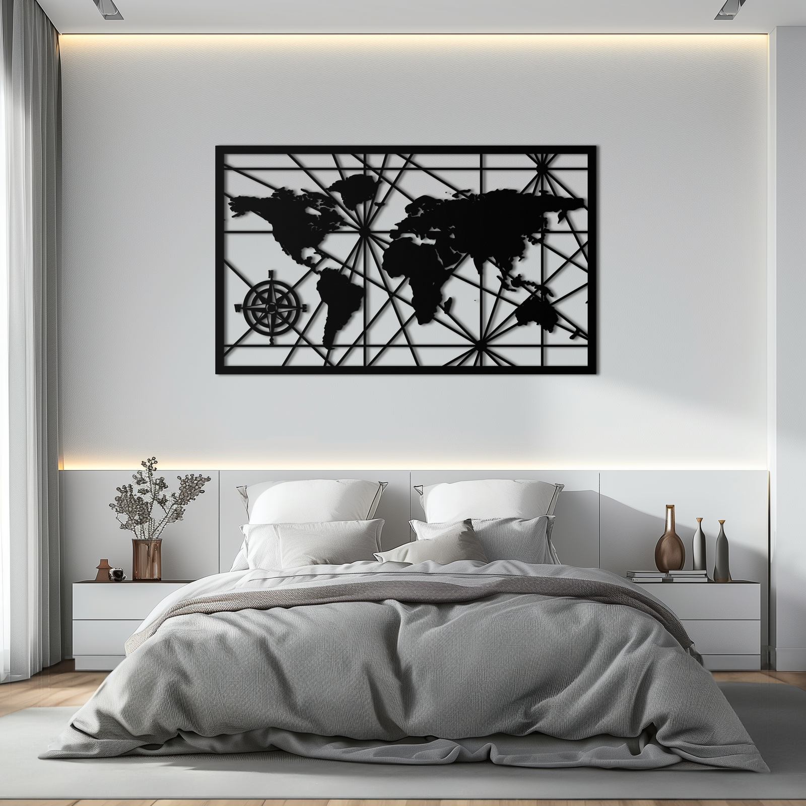 Geometrik Dünya Haritası Metal Duvar Sanatı - Modern Minimalist Çelik Duvar Dekoru - KAF098