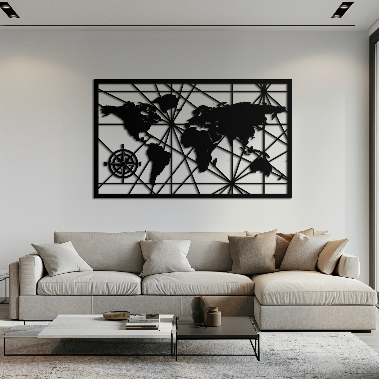 Geometrik Dünya Haritası Metal Duvar Sanatı - Modern Minimalist Çelik Duvar Dekoru - KAF098