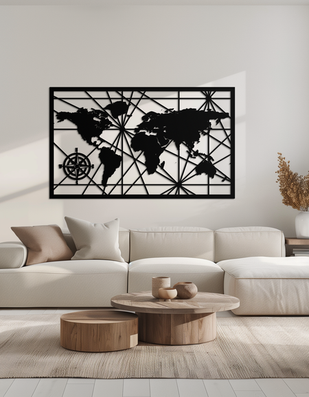 Geometric World Map Metal Wall Art - Modern Minimalist Steel Wall Decor - KAF098