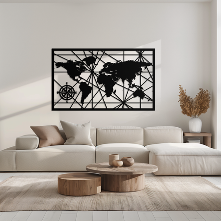 Geometric World Map Metal Wall Art - Modern Minimalist Steel Wall Decor - KAF098
