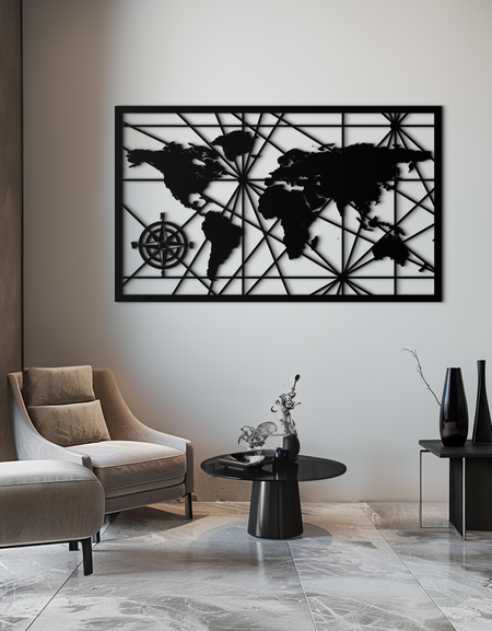 Geometric World Map Metal Wall Art - Modern Minimalist Steel Wall Decor - KAF098